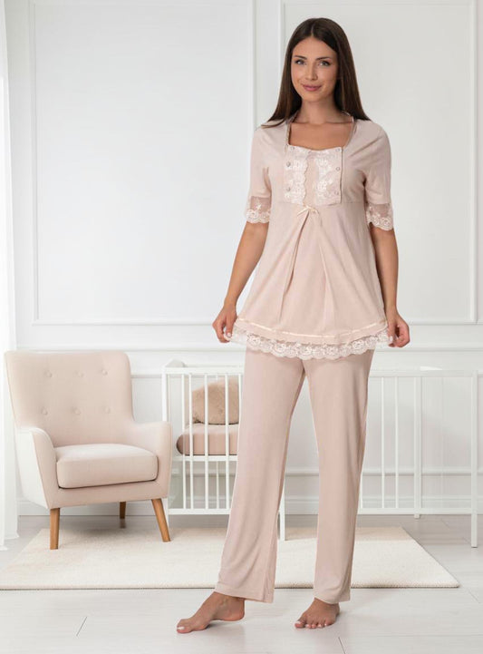 Beige maternity pyjamas by Mini Plum – short-sleeve nursing nightwear with square neck, breastfeeding-friendly, hospital bag ready