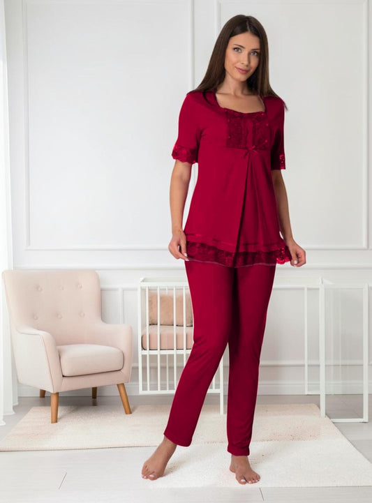 Cherry Red maternity pyjamas by Mini Plum – short-sleeve nursing nightwear with square neck, breastfeeding-friendly, hospital bag ready