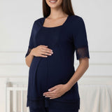Navy maternity pyjamas by Mini Plum – lace neckline & button-front nursing detail, cotton modal