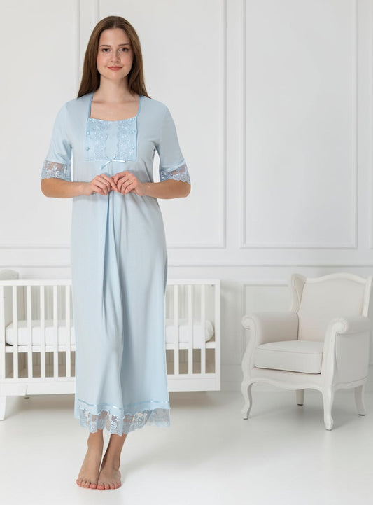 Blue maternity nightdress by Mini Plum – short-sleeve nursing nightwear with square neck, breastfeeding-friendly, hospital bag ready