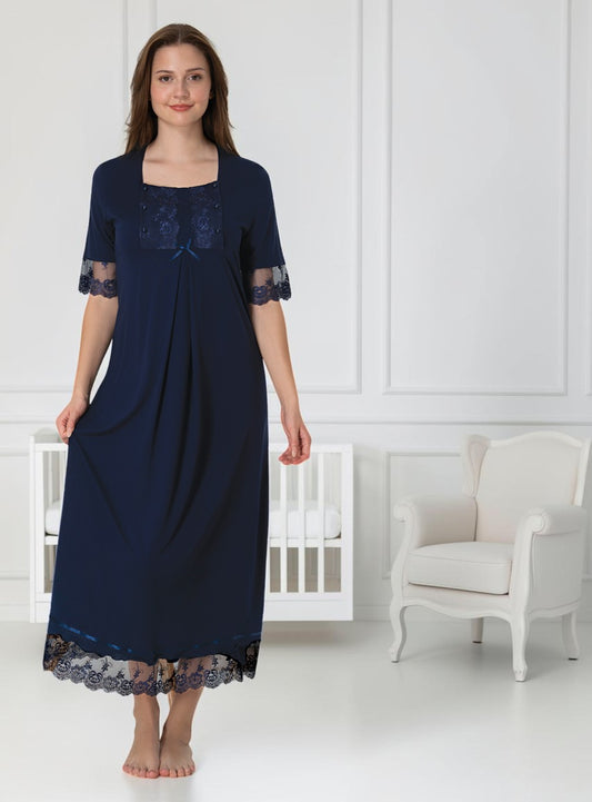 Navy maternity nightdress by Mini Plum – short-sleeve nursing nightwear with square neck, breastfeeding-friendly, hospital bag ready