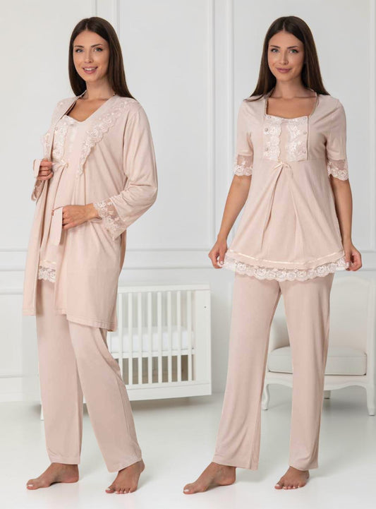 Beige pyjama & robe set by Mini Plum – nursing nightwear with square neck, breastfeeding-friendly, hospital bag ready