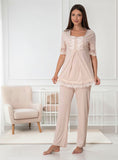 Beige maternity pyjama & robe set by Mini Plum – lace neckline & button-front nursing detail, cotton modal