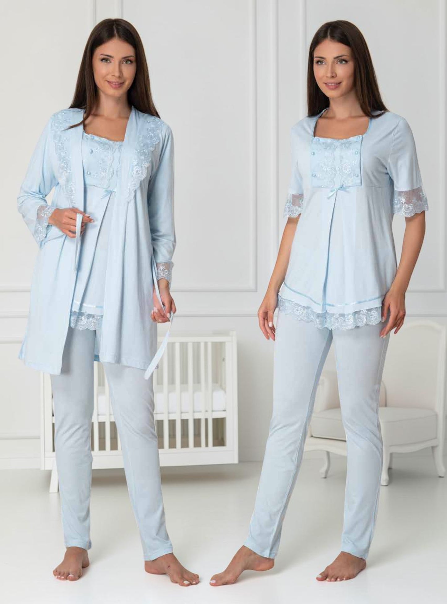 Blue pyjama & robe set by Mini Plum – nursing nightwear with square neck, breastfeeding-friendly, hospital bag ready