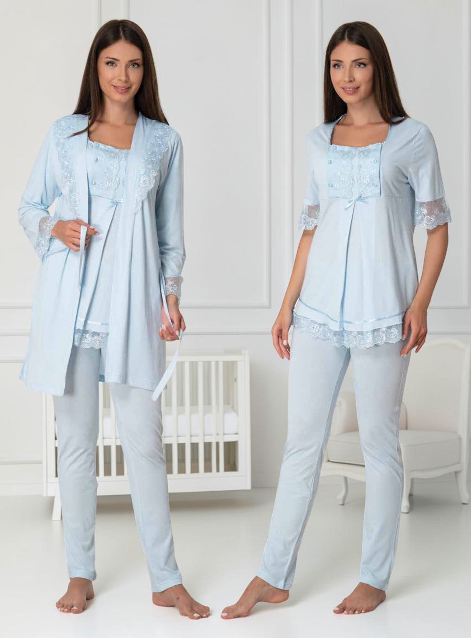 Blue pyjama & robe set by Mini Plum – nursing nightwear with square neck, breastfeeding-friendly, hospital bag ready
