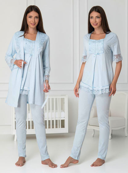 Blue pyjama & robe set by Mini Plum – nursing nightwear with square neck, breastfeeding-friendly, hospital bag ready