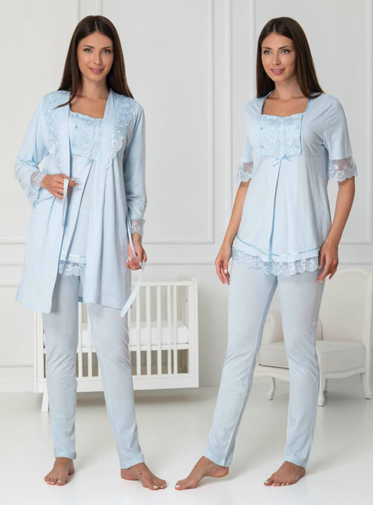 Blue pyjama & robe set by Mini Plum – nursing nightwear with square neck, breastfeeding-friendly, hospital bag ready