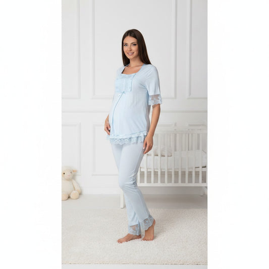 Blue pyjama & robe set by Mini Plum – lace detail and square neck, maternity & nursing