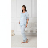 Blue maternity pyjama & robe set by Mini Plum – lace neckline & button-front nursing detail, cotton modal