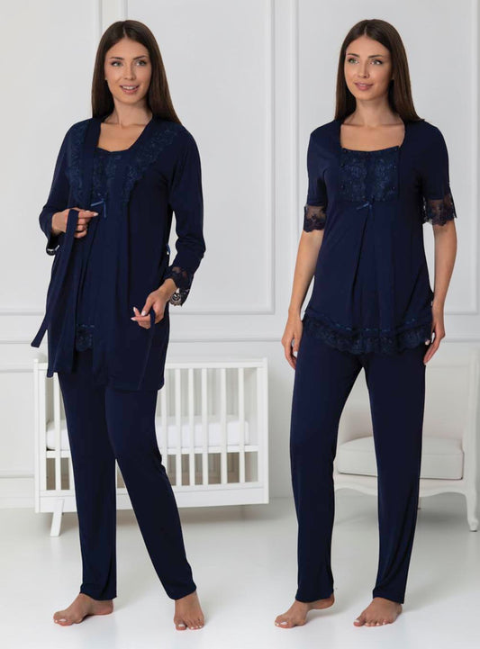 Navy pyjama & robe set by Mini Plum – nursing nightwear with square neck, breastfeeding-friendly, hospital bag ready
