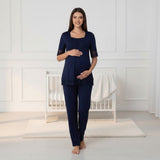 Navy maternity pyjama & robe set by Mini Plum – lace neckline & button-front nursing detail, cotton modal