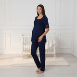 Navy maternity pyjama & robe set by Mini Plum – side view, bump-friendly fit for pregnancy & postpartum