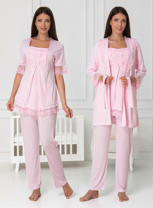 Pink pyjama & robe set by Mini Plum – nursing nightwear with square neck, breastfeeding-friendly, hospital bag ready