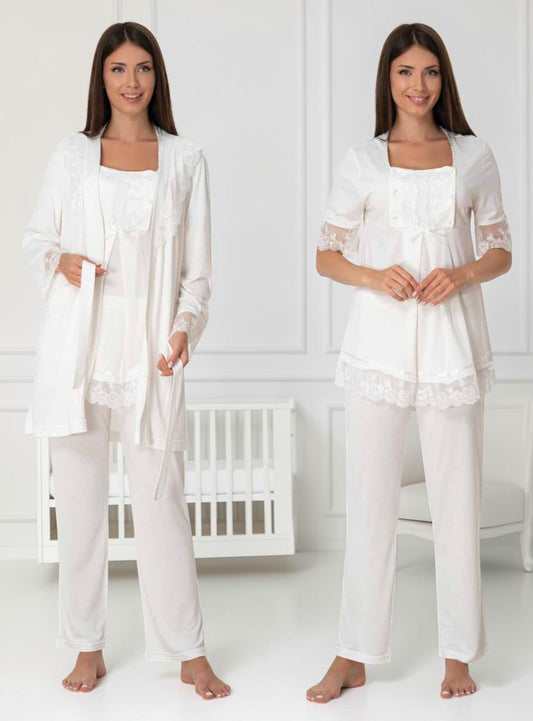 White pyjama & robe set by Mini Plum – nursing nightwear with square neck, breastfeeding-friendly, hospital bag ready