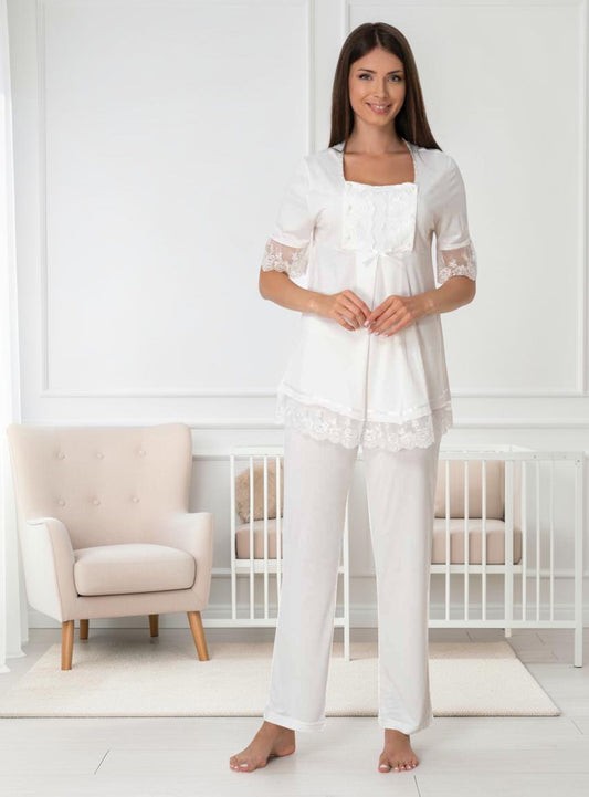 White pyjama & robe set by Mini Plum – lace detail and square neck, maternity & nursing