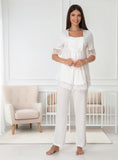 White maternity pyjama & robe set by Mini Plum – lace neckline & button-front nursing detail, cotton modal