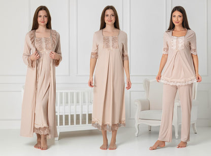 Beige 4-piece maternity set by Mini Plum – nursing nightwear with square neck, breastfeeding-friendly, hospital bag ready