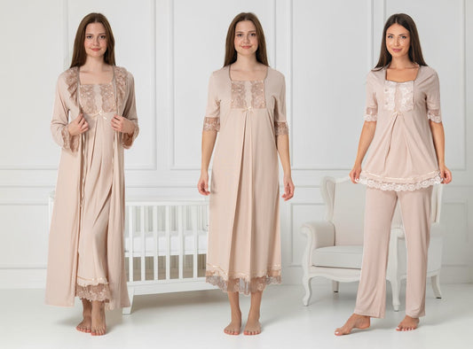 Beige 4-piece maternity set by Mini Plum – nursing nightwear with square neck, breastfeeding-friendly, hospital bag ready