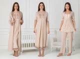 Beige 4 piece hospital bag set by Mini Plum – breastfeeding-friendly nursing nightie, pyjamas & robe hospital bag set