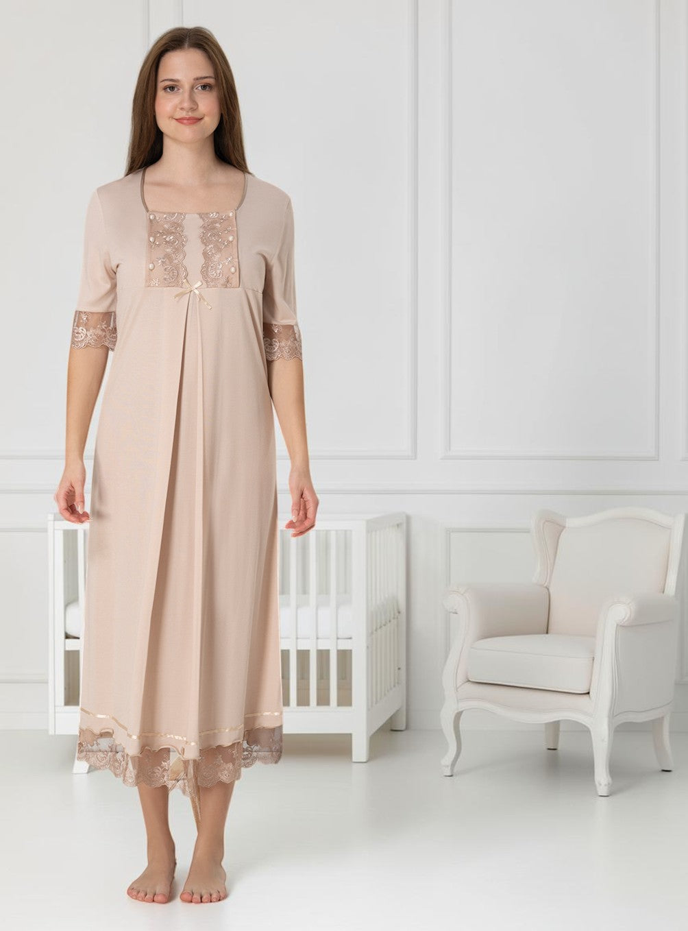 Beige 4-piece maternity set by Mini Plum – lace detail and square neck, maternity & nursing