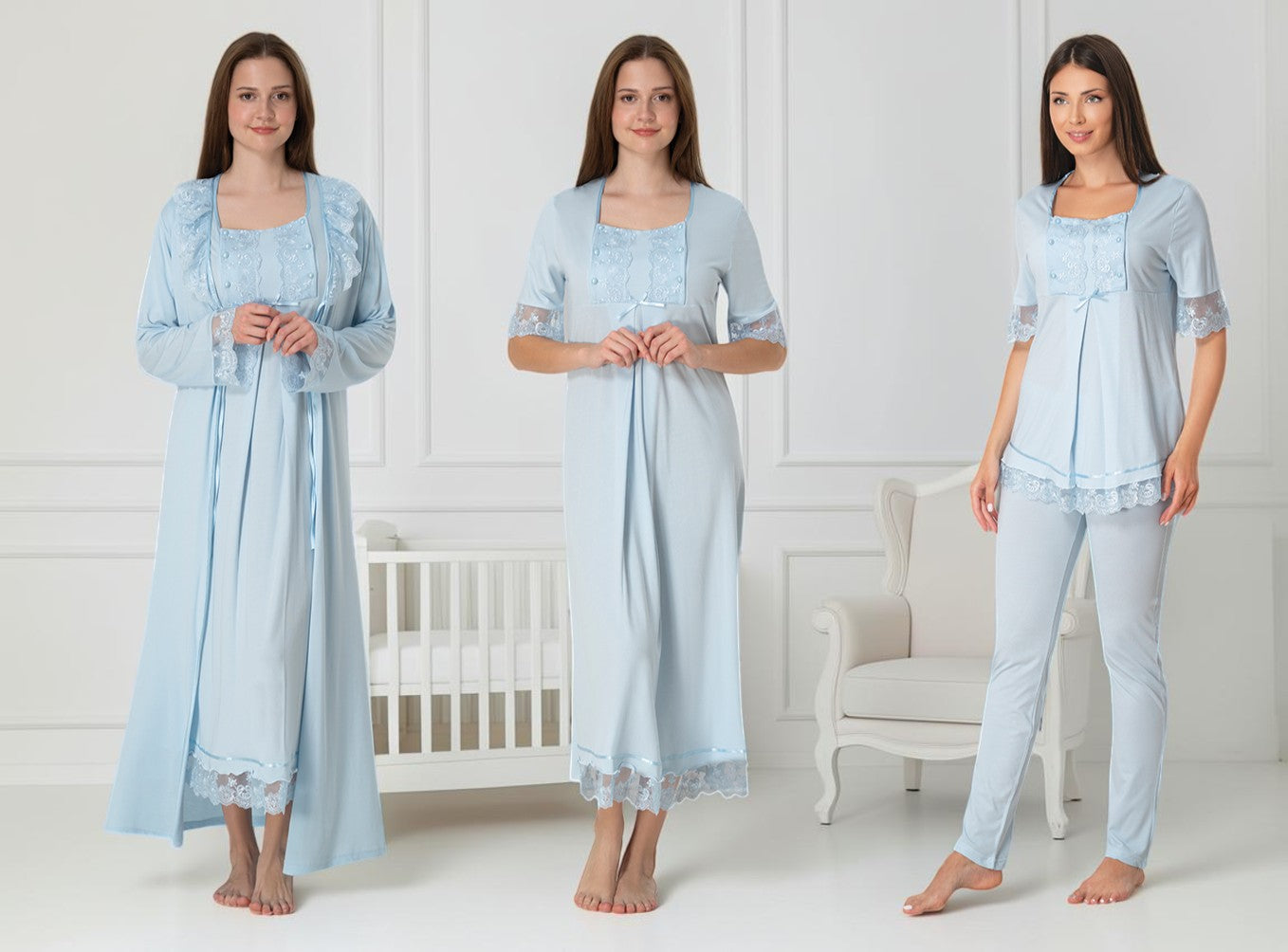 Blue 4-piece maternity set by Mini Plum – nursing nightwear with square neck, breastfeeding-friendly, hospital bag ready