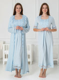 Blue 4 piece hospital bag set by Mini Plum – lace neckline & button-front nursing detail, cotton modal