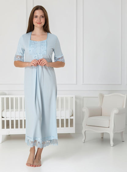 Blue 4-piece maternity set by Mini Plum – bump-friendly fit, side view