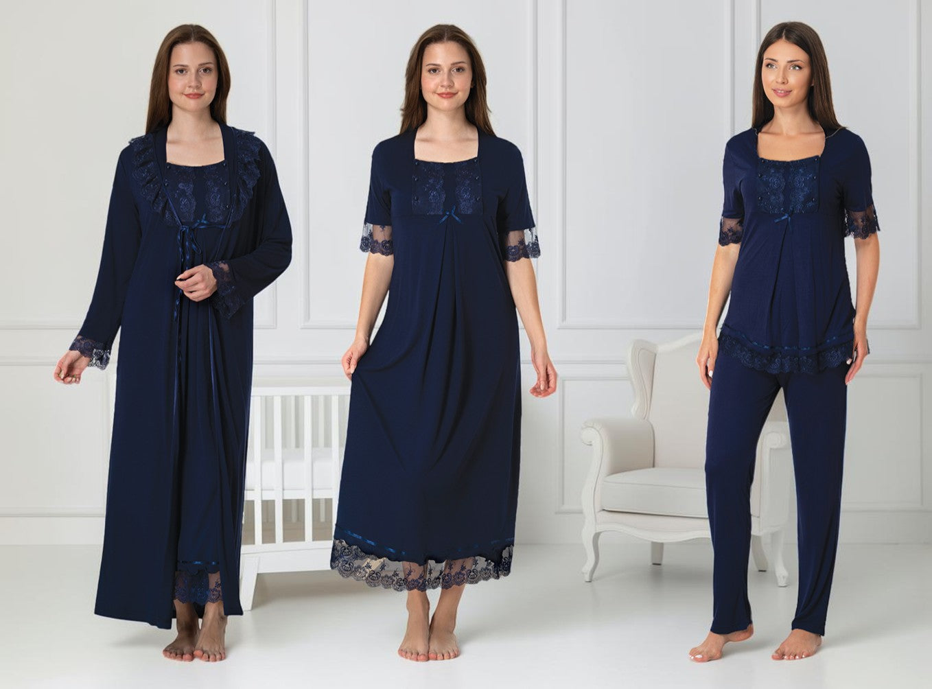 Navy 4-piece maternity set by Mini Plum – nursing nightwear with square neck, breastfeeding-friendly, hospital bag ready
