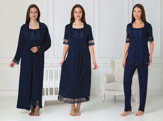 Navy 4-piece maternity set by Mini Plum – nursing nightwear with square neck, breastfeeding-friendly, hospital bag ready