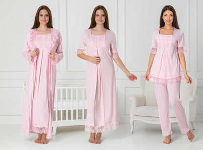 Pink 4-piece maternity set by Mini Plum – nursing nightwear with square neck, breastfeeding-friendly, hospital bag ready