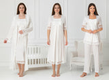White 4 piece hospital bag set by Mini Plum – breastfeeding-friendly nursing nightie, pyjamas & robe hospital bag set