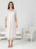 White 4 piece hospital bag set by Mini Plum – lace neckline & button-front nursing detail, cotton modal