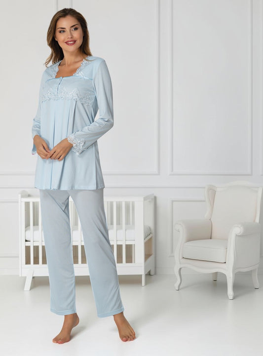 Blue maternity pyjamas by Mini Plum – long-sleeve nursing nightwear with square neck, breastfeeding-friendly, hospital bag ready