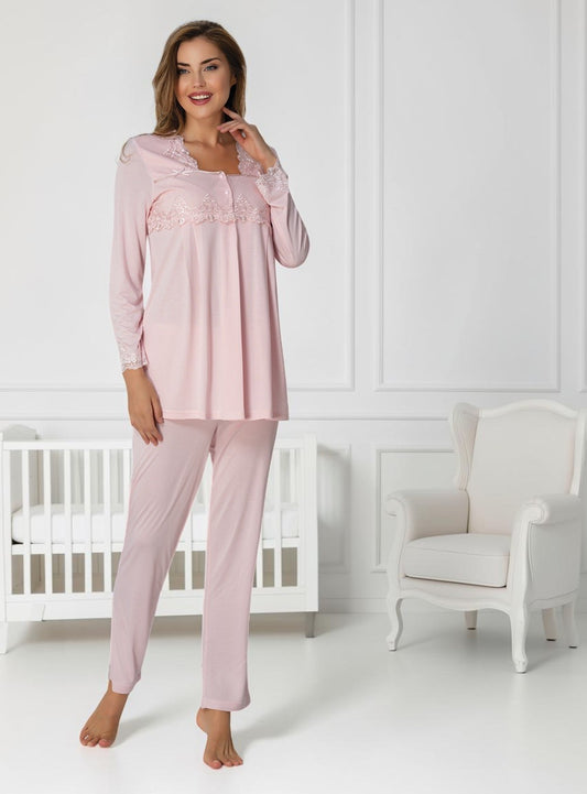 Pink maternity pyjamas by Mini Plum – long-sleeve nursing nightwear with square neck, breastfeeding-friendly, hospital bag ready