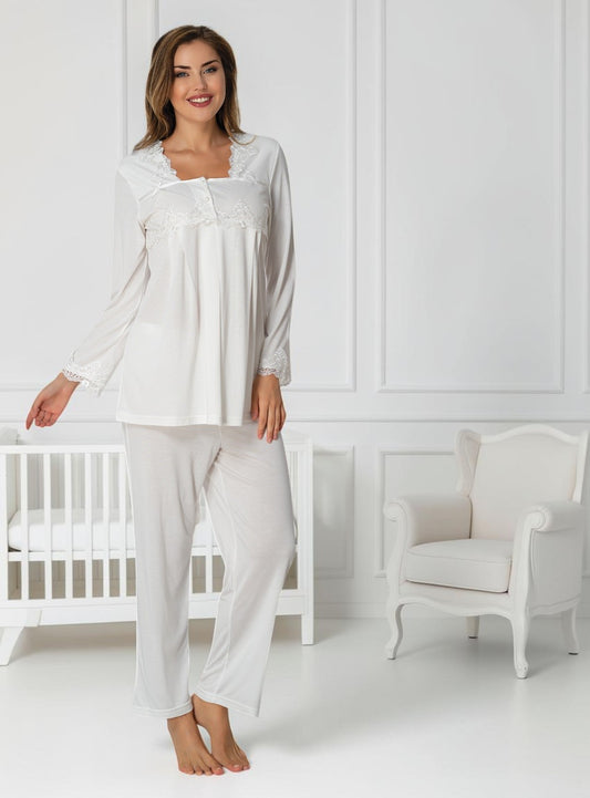 White maternity pyjamas by Mini Plum – long-sleeve nursing nightwear with square neck, breastfeeding-friendly, hospital bag ready