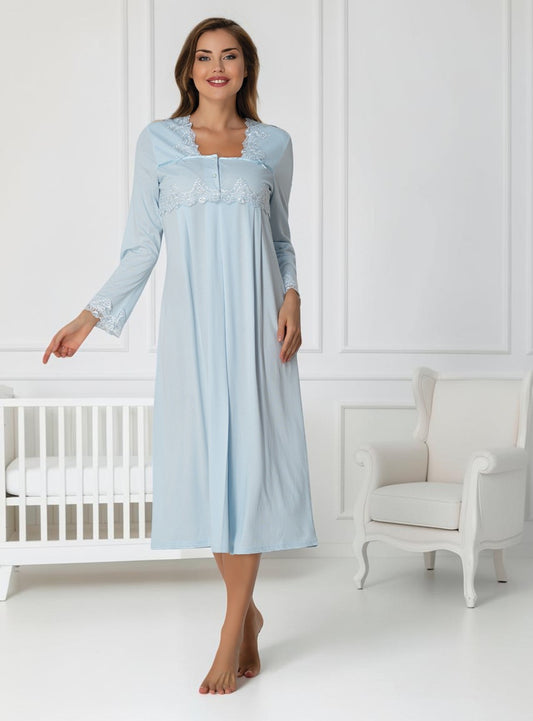 Blue maternity nightdress by Mini Plum – long-sleeve nursing nightwear with square neck, breastfeeding-friendly, hospital bag ready