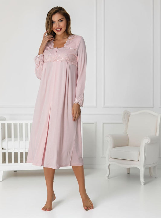 Pink maternity nightdress by Mini Plum – long-sleeve nursing nightwear with square neck, breastfeeding-friendly, hospital bag ready