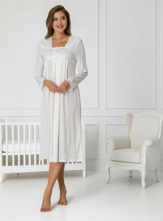 White maternity nightdress by Mini Plum – long-sleeve nursing nightwear with square neck, breastfeeding-friendly, hospital bag ready