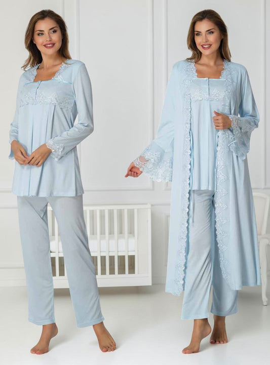Blue pyjama & robe set by Mini Plum – long-sleeve nursing nightwear with square neck, breastfeeding-friendly, hospital bag ready