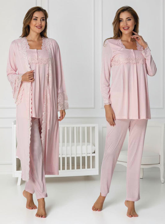 Pink pyjama & robe set by Mini Plum – long-sleeve nursing nightwear with square neck, breastfeeding-friendly, hospital bag ready