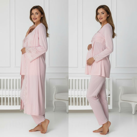 Pink pyjama & robe set by Mini Plum – lace detail and square neck, maternity & nursing