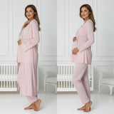 Pink maternity pyjama & robe set by Mini Plum – lace neckline & button-front nursing detail, cotton modal