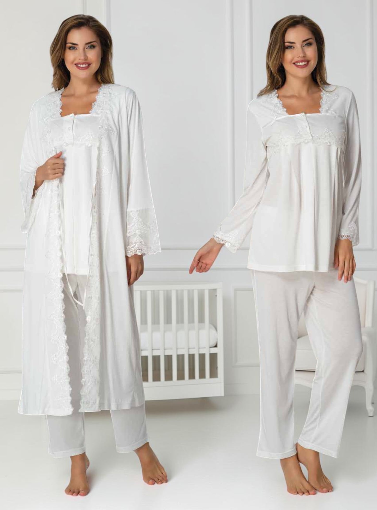 White pyjama & robe set by Mini Plum – long-sleeve nursing nightwear with square neck, breastfeeding-friendly, hospital bag ready