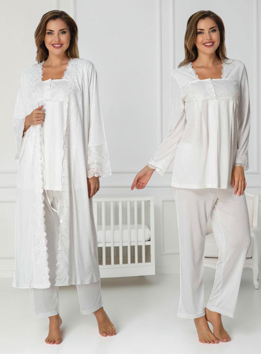 White pyjama & robe set by Mini Plum – long-sleeve nursing nightwear with square neck, breastfeeding-friendly, hospital bag ready