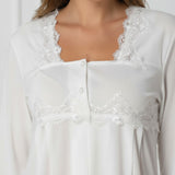 White maternity pyjama & robe set by Mini Plum – lace neckline & button-front nursing detail, cotton modal