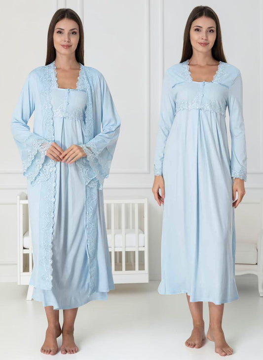 Blue nightie & robe set by Mini Plum – long-sleeve nursing nightwear with square neck, breastfeeding-friendly, hospital bag ready