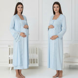 Blue maternity nightie & robe set by Mini Plum – lace neckline & button-front nursing detail, cotton modal