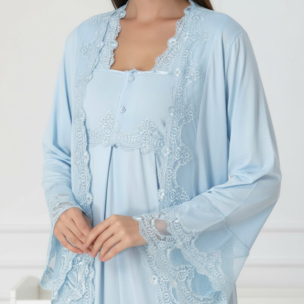 Blue nightie & robe set by Mini Plum – long-sleeve bump-friendly fit, side view