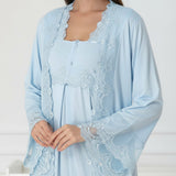 Blue maternity nightie & robe set by Mini Plum – side view, bump-friendly fit for pregnancy & postpartum