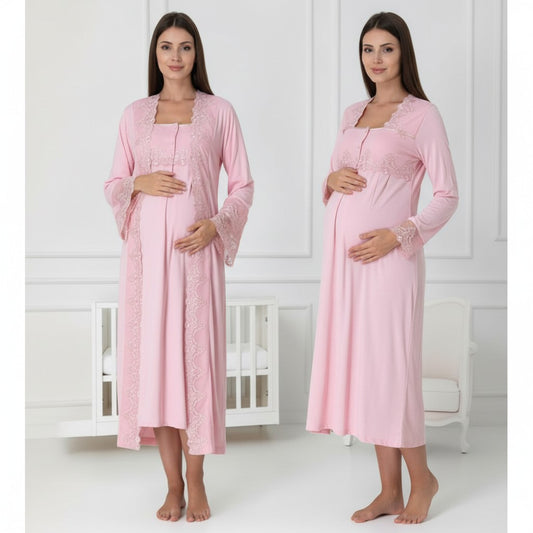Pink nightie & robe set by Mini Plum – long-sleeve nursing nightwear with square neck, breastfeeding-friendly, hospital bag ready